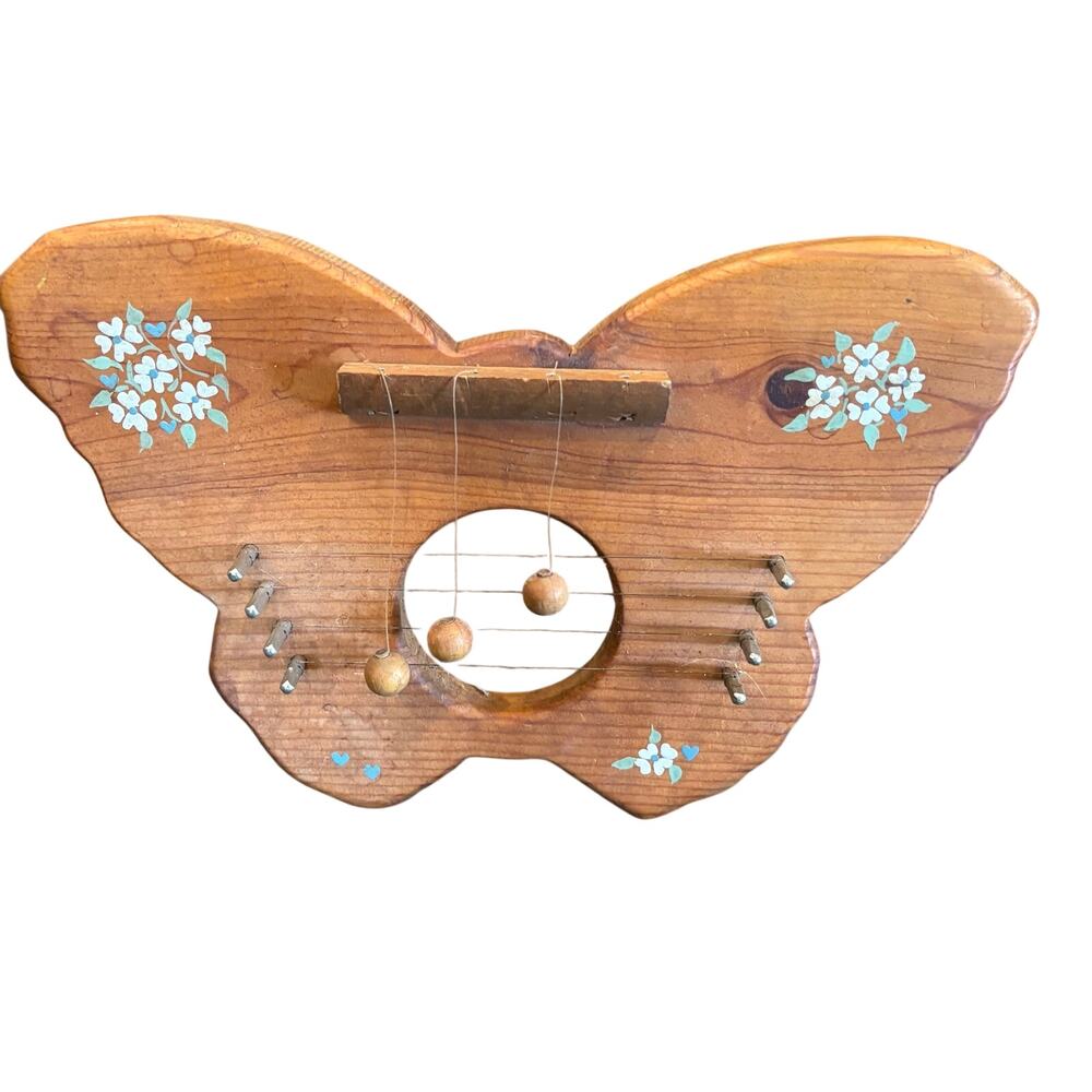Vtg Cottage Wood Hanging Door Harp Chimes Butterfly Flowers Hand Painted 13”